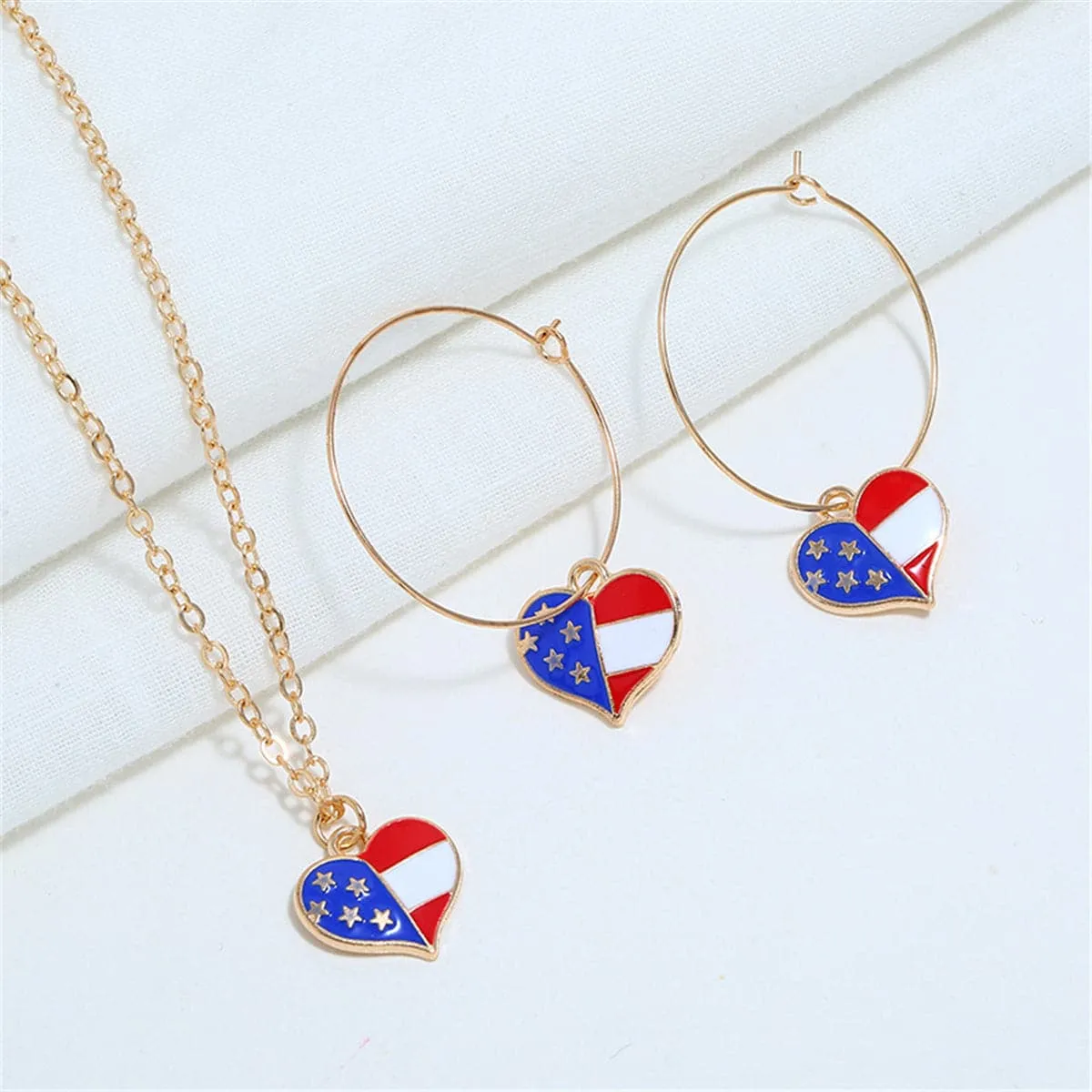 18K Gold-Plated American Flag Heart Necklace & Earring Set
