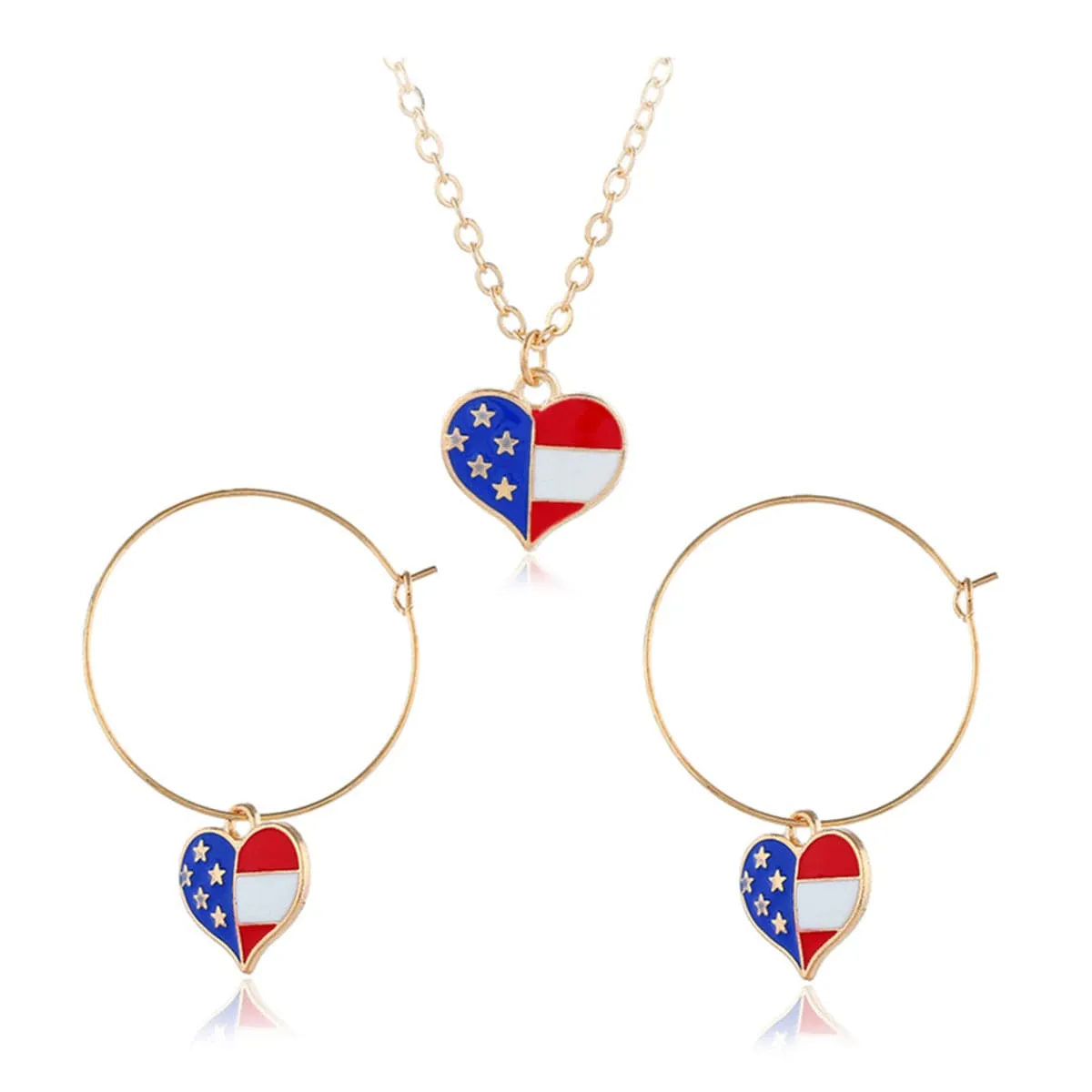 18K Gold-Plated American Flag Heart Necklace & Earring Set