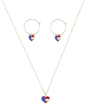18K Gold-Plated American Flag Heart Necklace & Earring Set