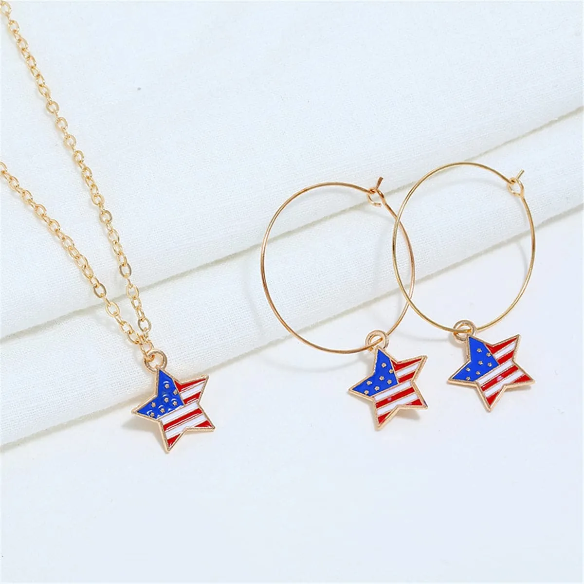 18K Gold-Plated American Flags Star Necklace & Earring Set