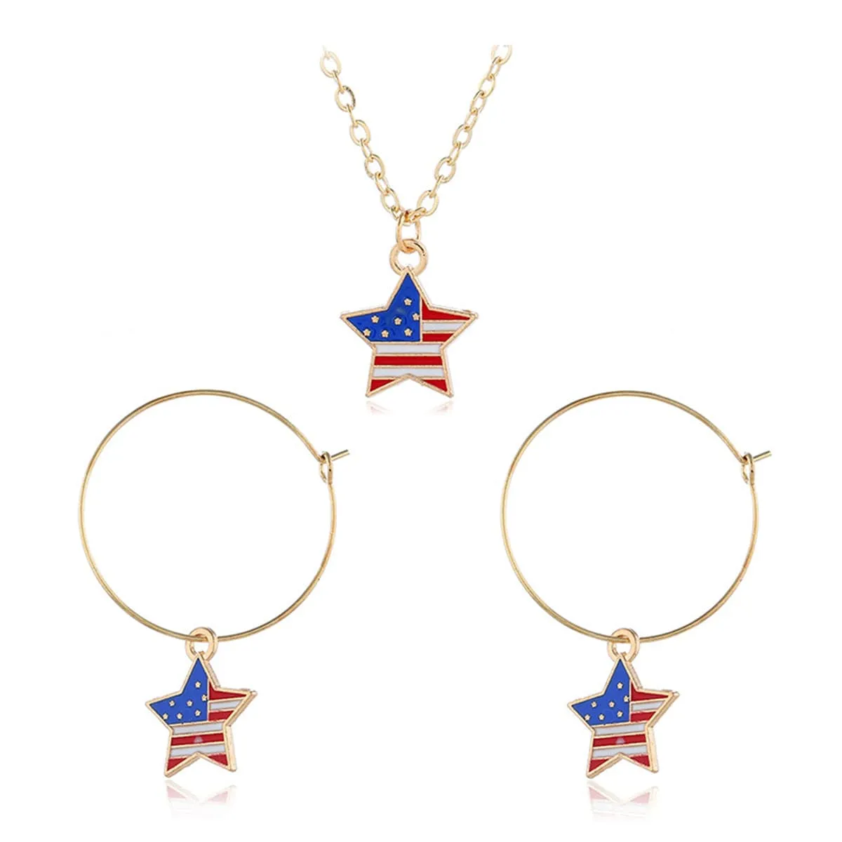 18K Gold-Plated American Flags Star Necklace & Earring Set