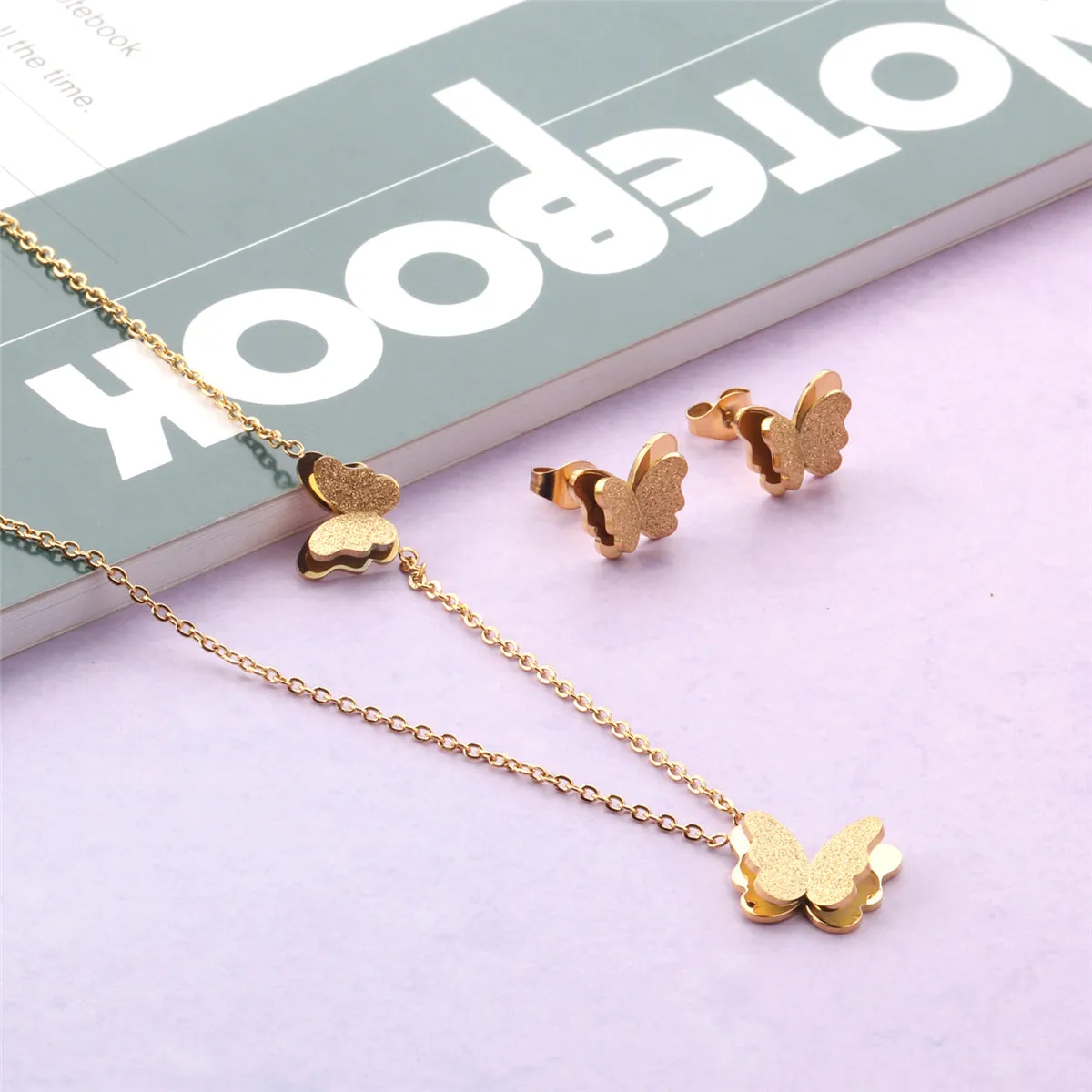 18K Gold-Plated Butterfly Stud Earrings & Pendant Necklace