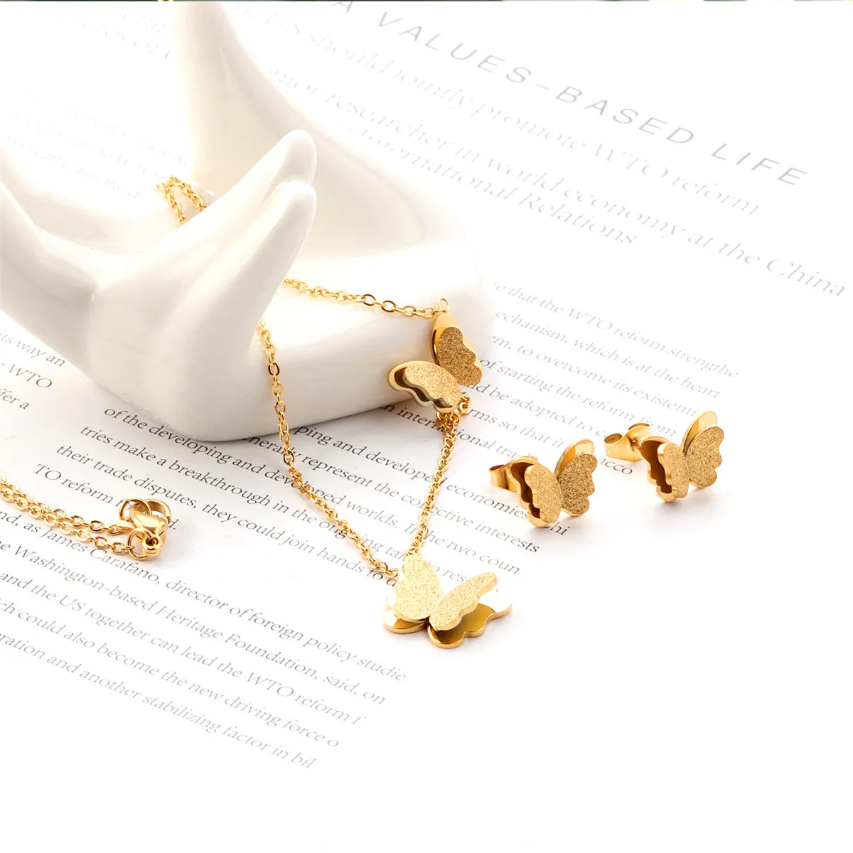 18K Gold-Plated Butterfly Stud Earrings & Pendant Necklace