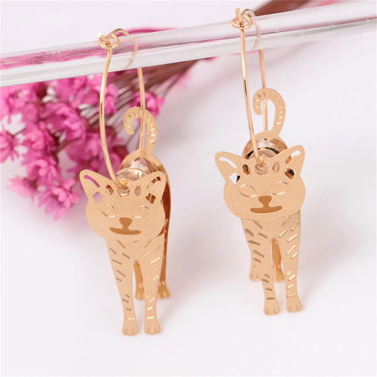 18K Gold-Plated Cat Charm Hoop Earrings
