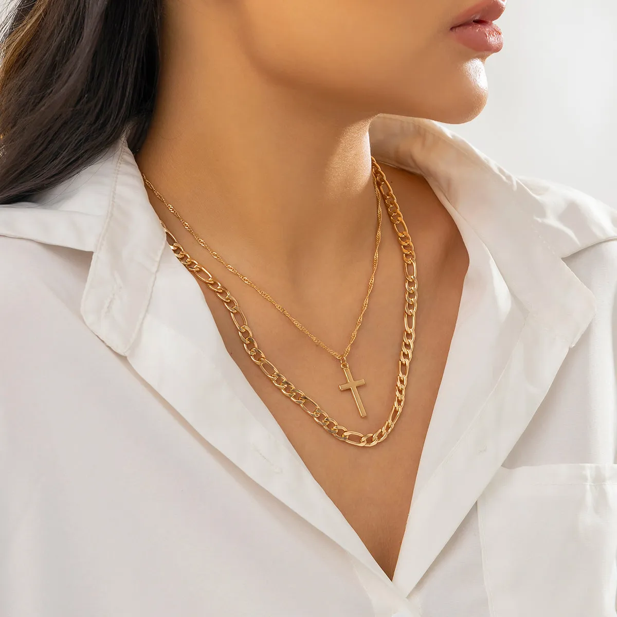 18K Gold-Plated Cross Pendant Necklace Set