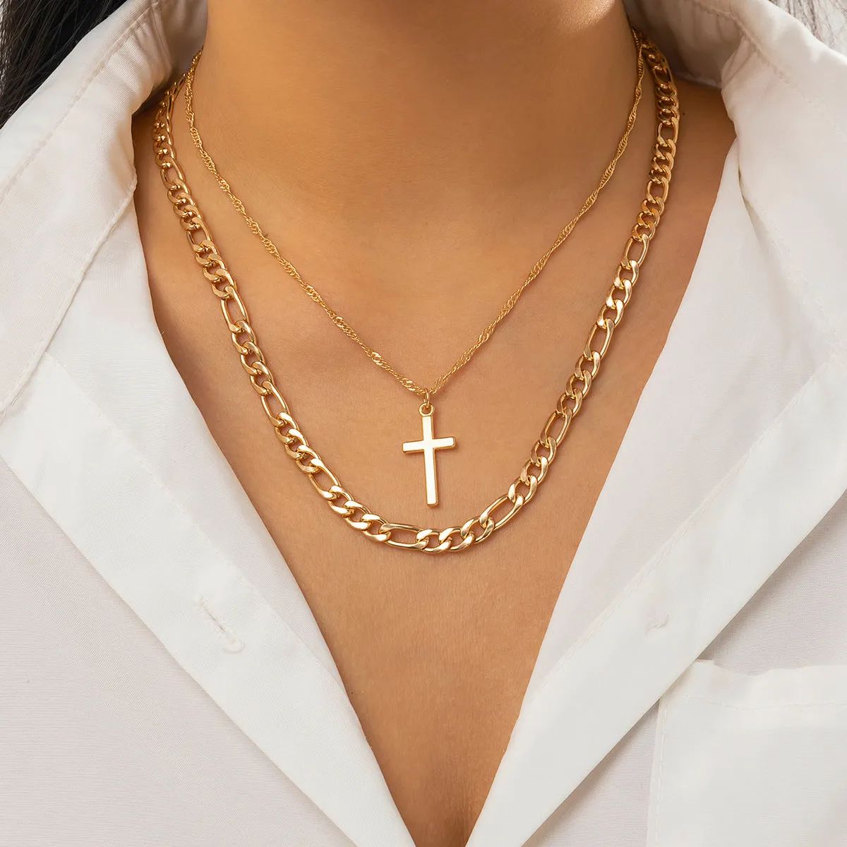 18K Gold-Plated Cross Pendant Necklace Set