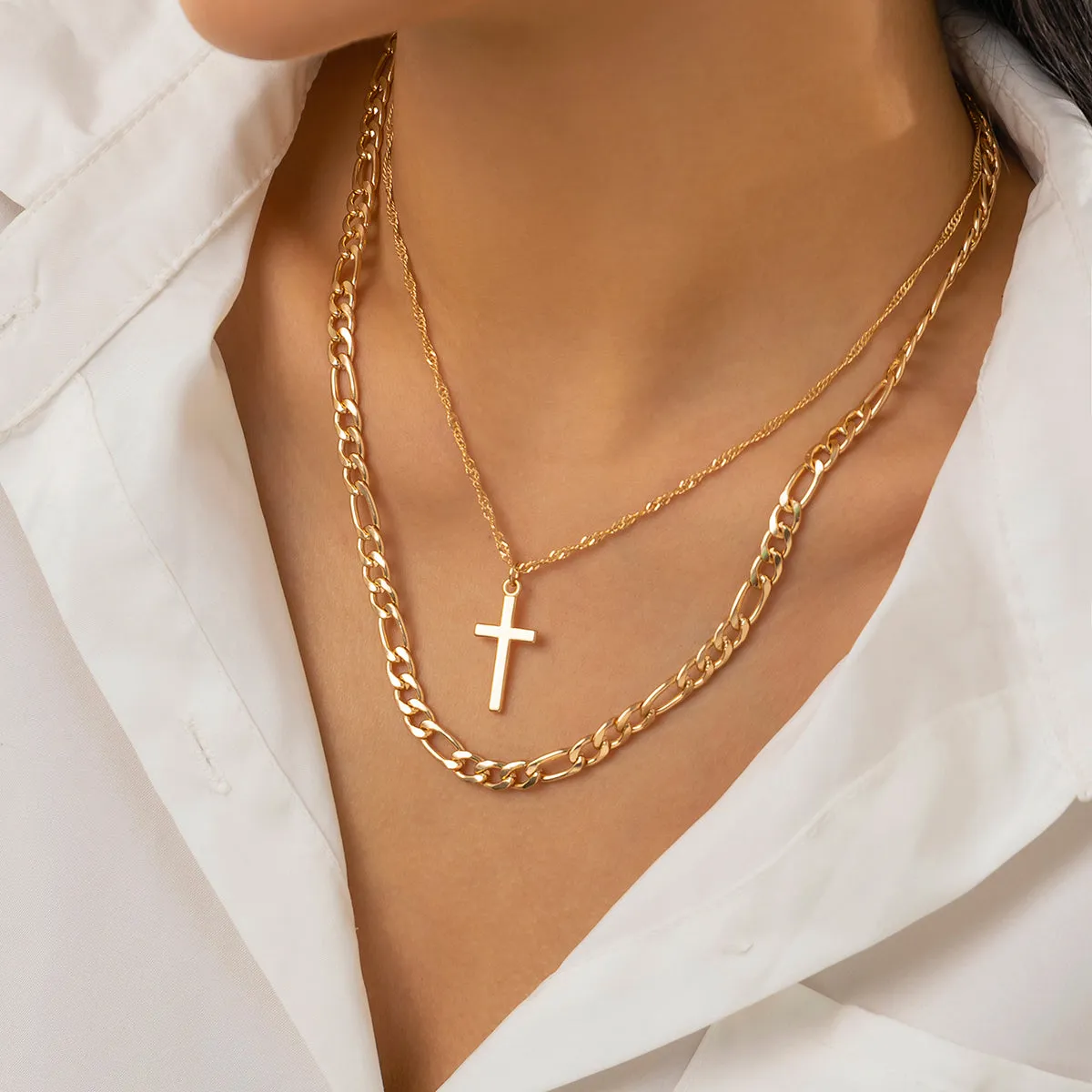 18K Gold-Plated Cross Pendant Necklace Set