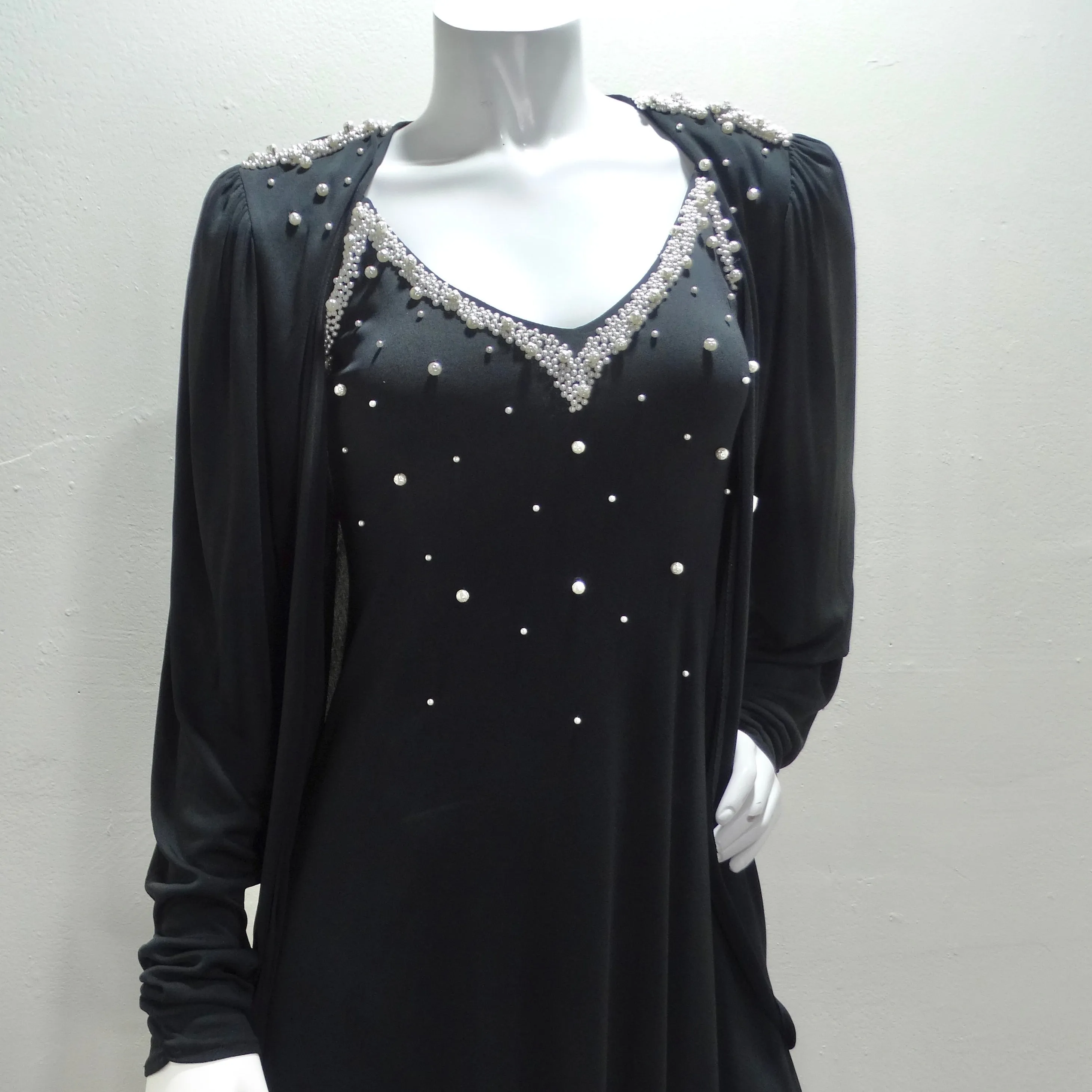 1980s Black Pearl Beaded Maxi Dress and Cardigan Set