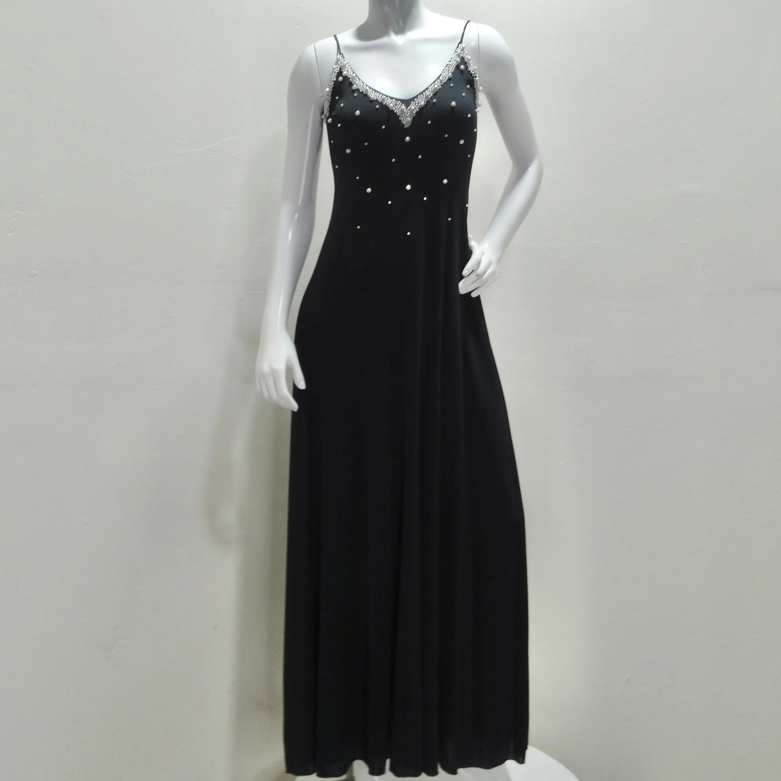 1980s Black Pearl Beaded Maxi Dress and Cardigan Set