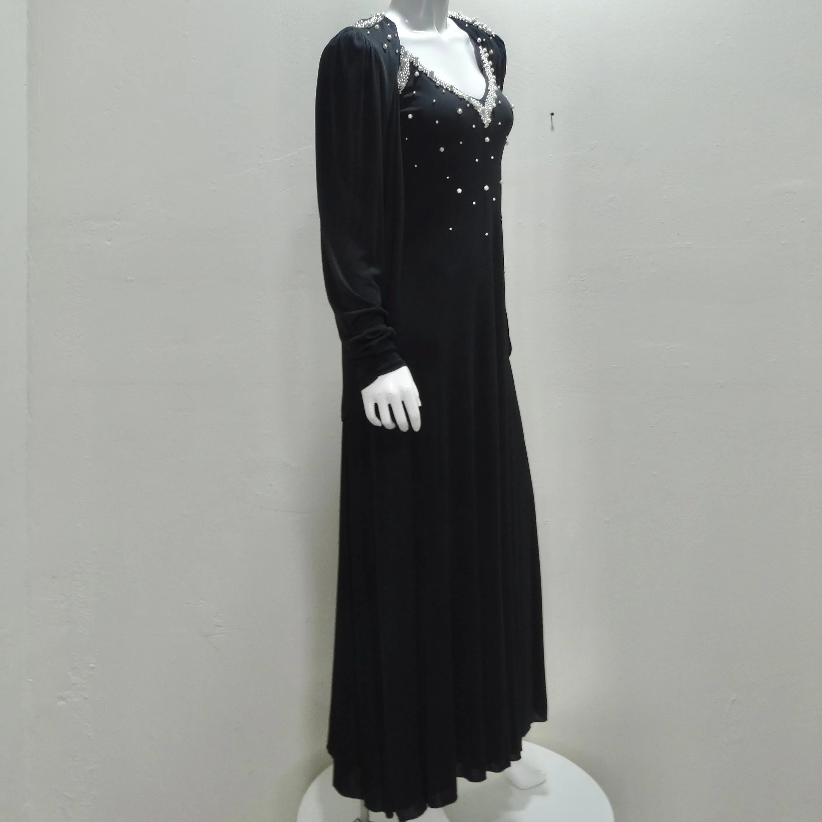 1980s Black Pearl Beaded Maxi Dress and Cardigan Set