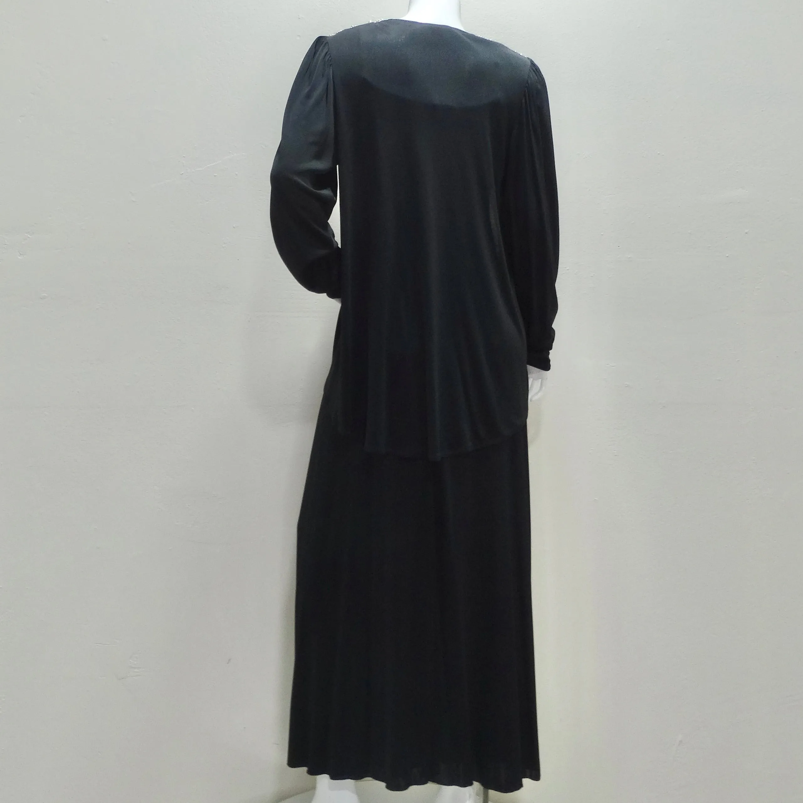 1980s Black Pearl Beaded Maxi Dress and Cardigan Set