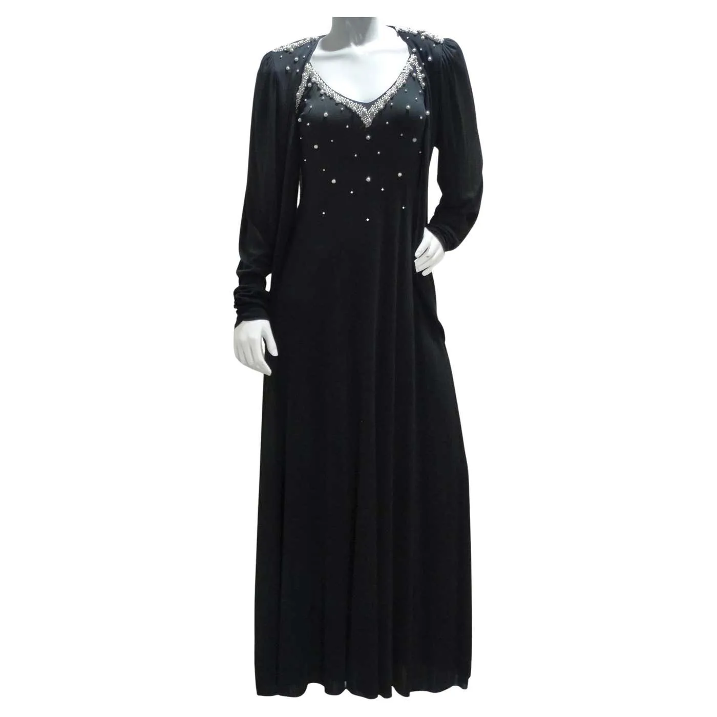 1980s Black Pearl Beaded Maxi Dress and Cardigan Set