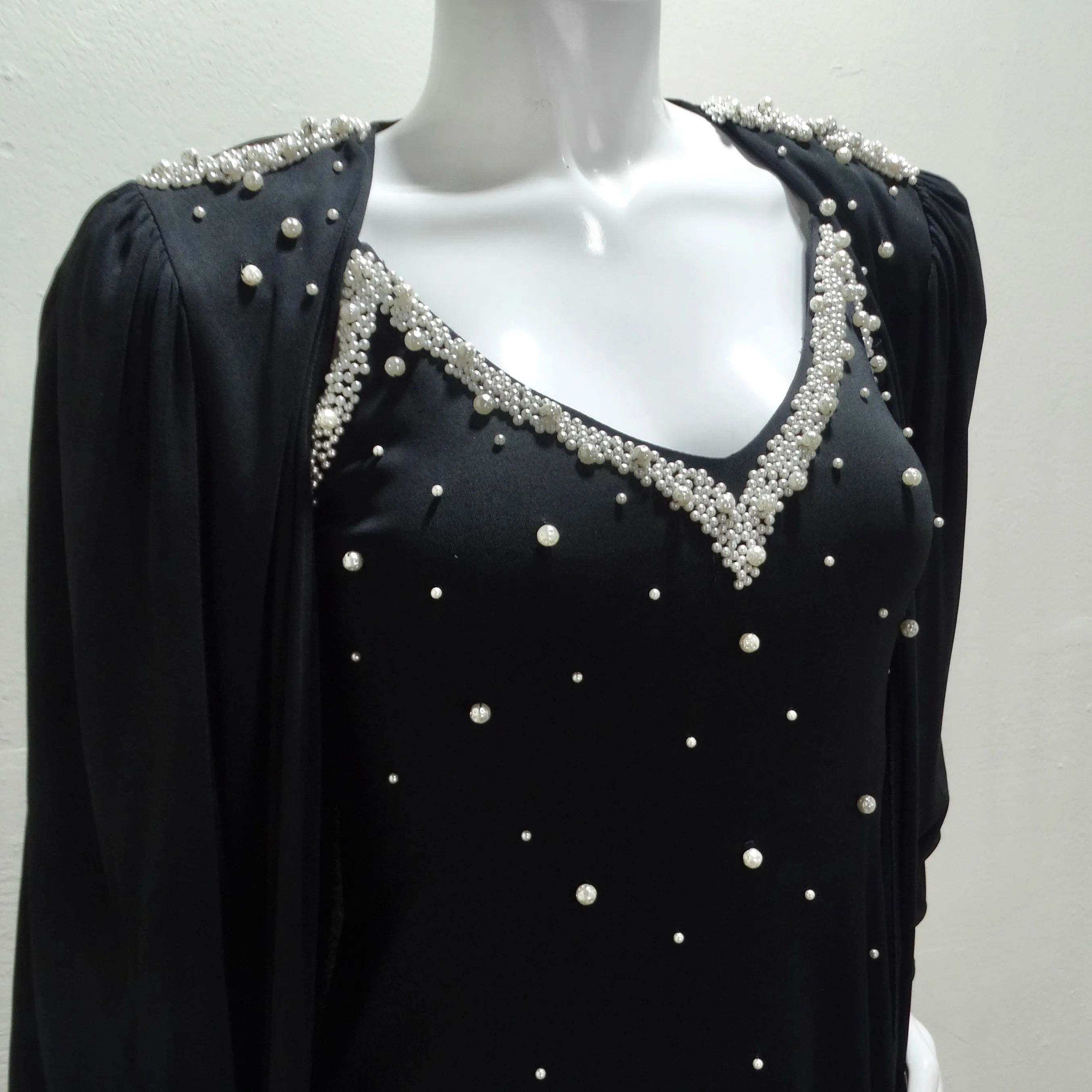 1980s Black Pearl Beaded Maxi Dress and Cardigan Set