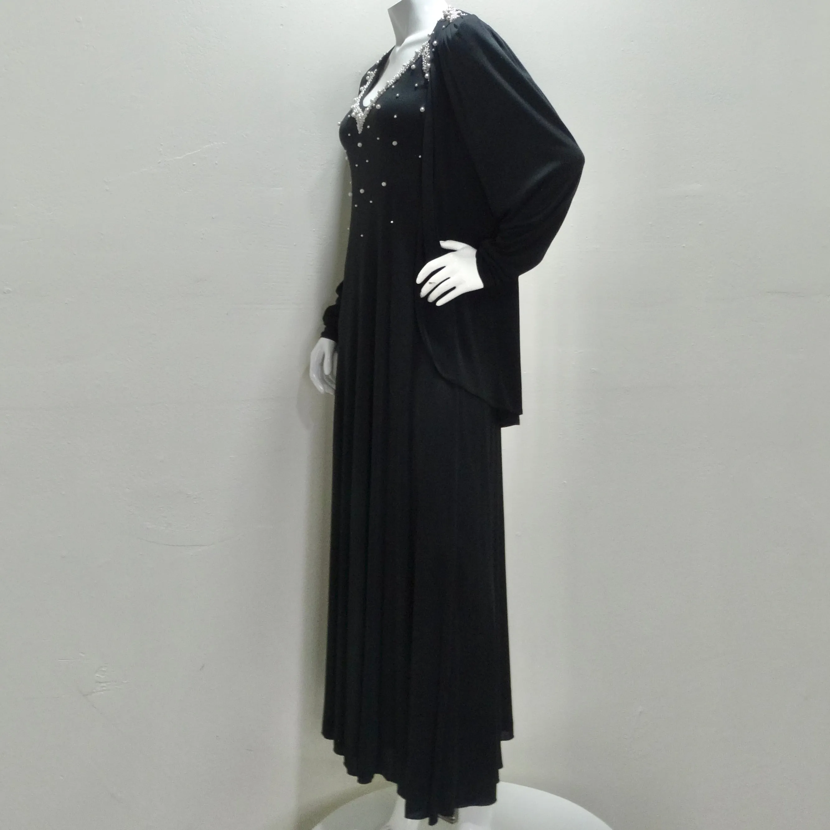 1980s Black Pearl Beaded Maxi Dress and Cardigan Set