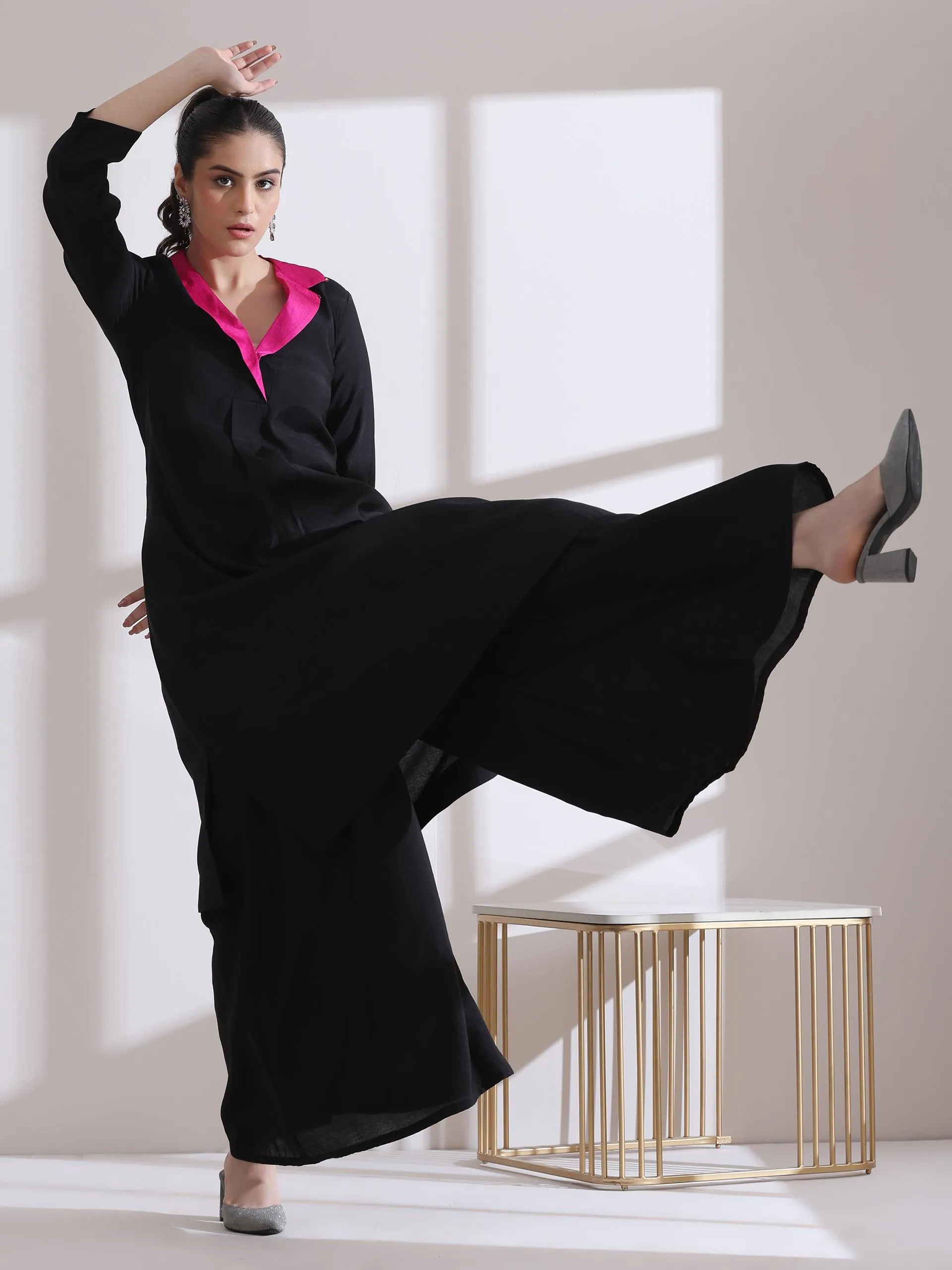 2 Pc Set - Airskin Black Kurta With Fuchsia Gold Point Collar Kurta With Pants