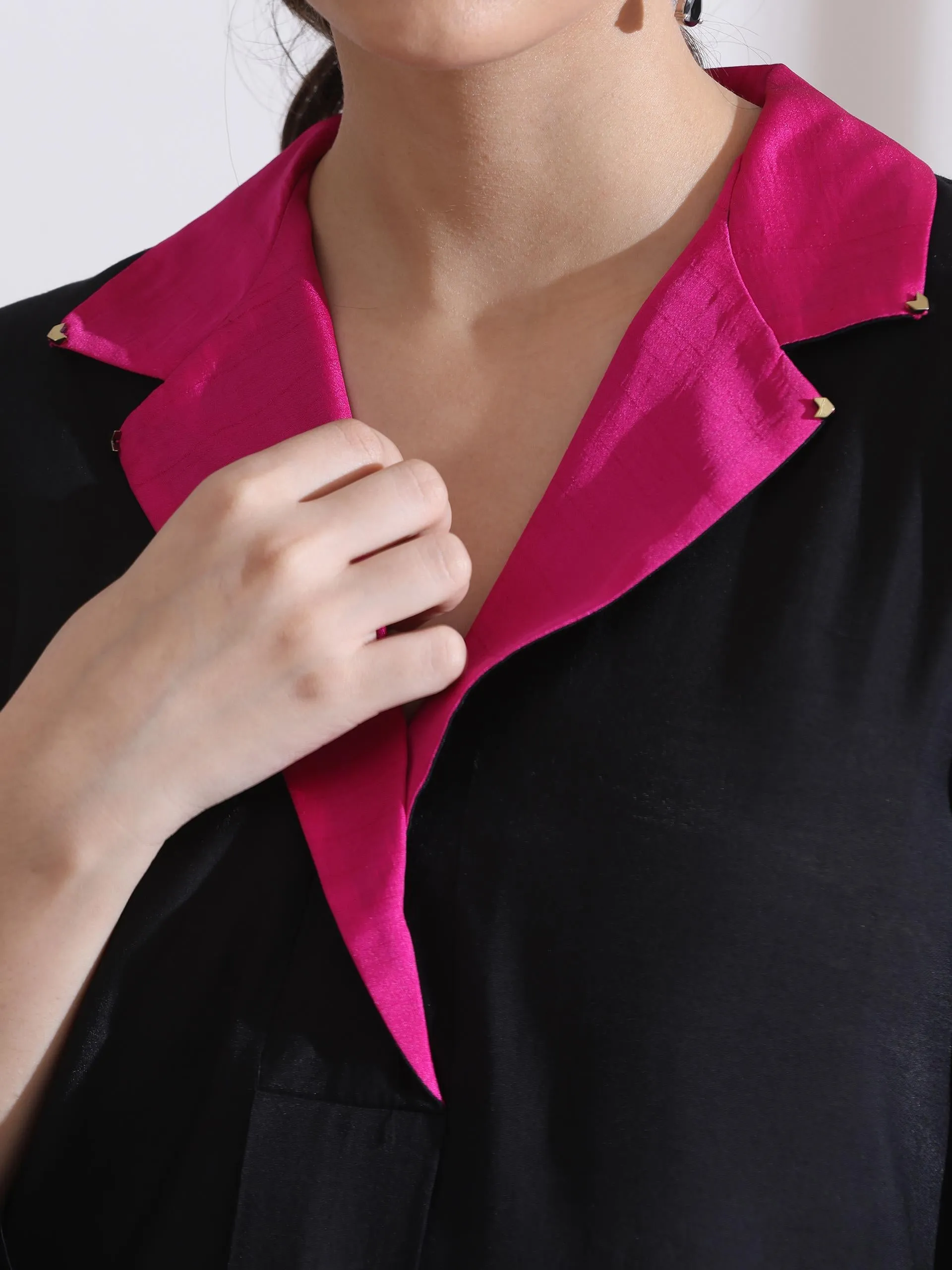 2 Pc Set - Airskin Black Kurta With Fuchsia Gold Point Collar Kurta With Pants