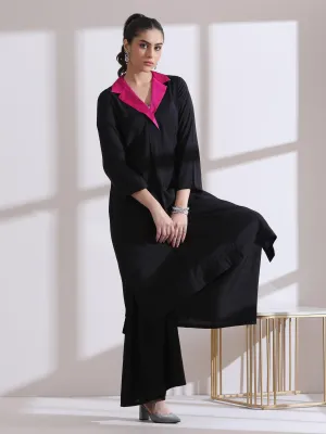 2 Pc Set - Airskin Black Kurta With Fuchsia Gold Point Collar Kurta With Pants