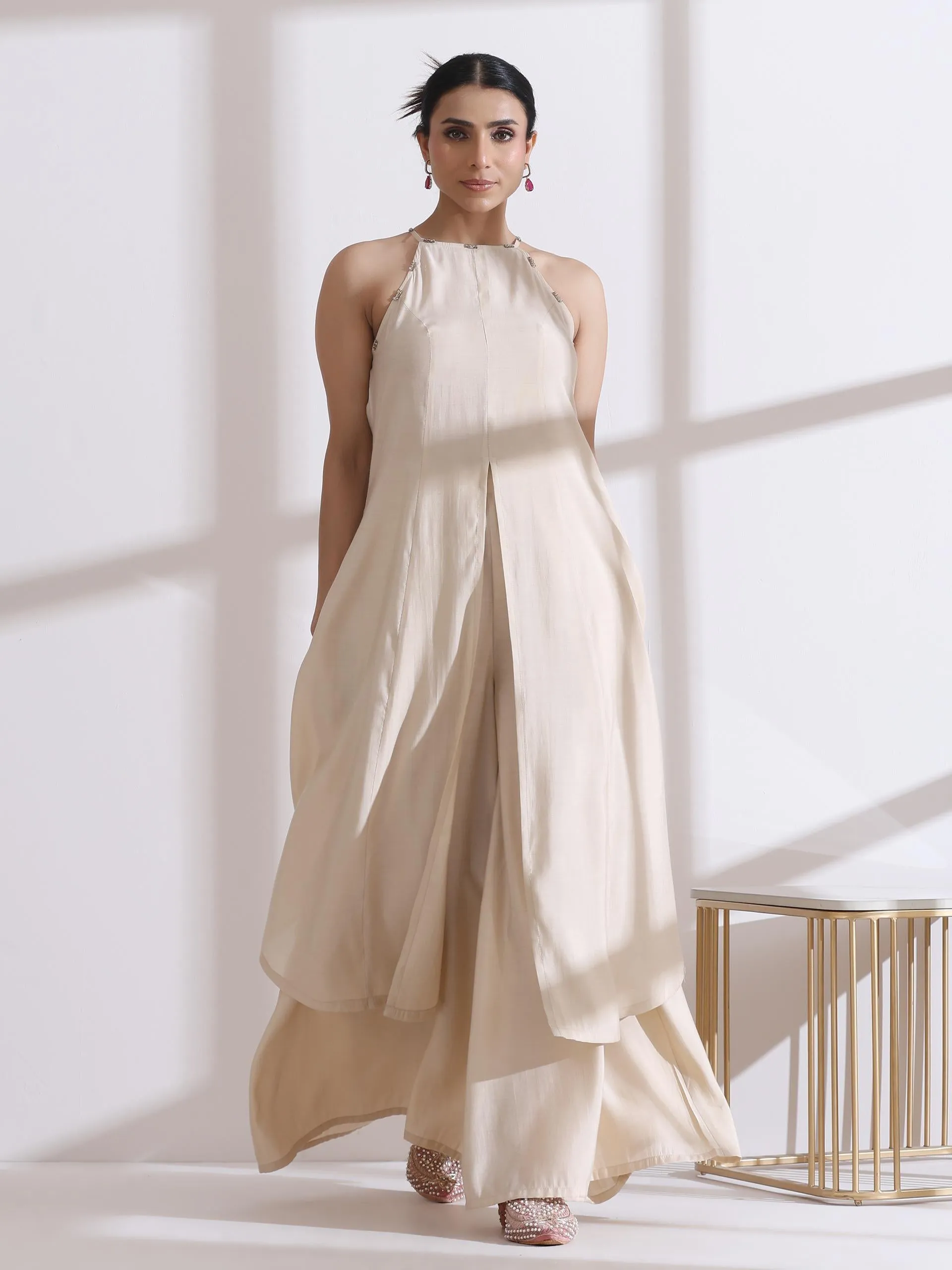 2 Pc Set - Airskin Fawn Beaded Halter Kurta With Plazzo Pants