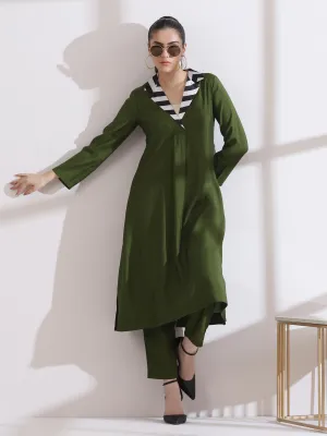 2 Pc Set - Airskin Mehndi Green Kurta With Striped Gold Point Collar Kurta With Pants