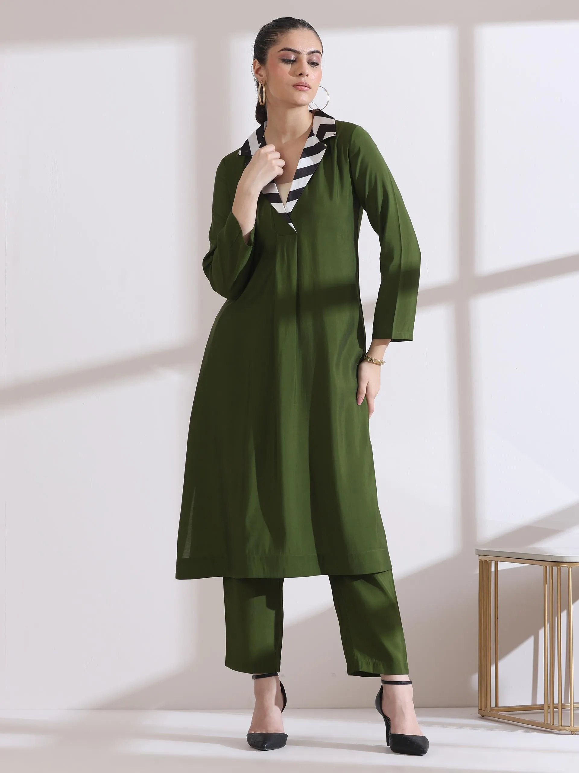 2 Pc Set - Airskin Mehndi Green Kurta With Striped Gold Point Collar Kurta With Pants