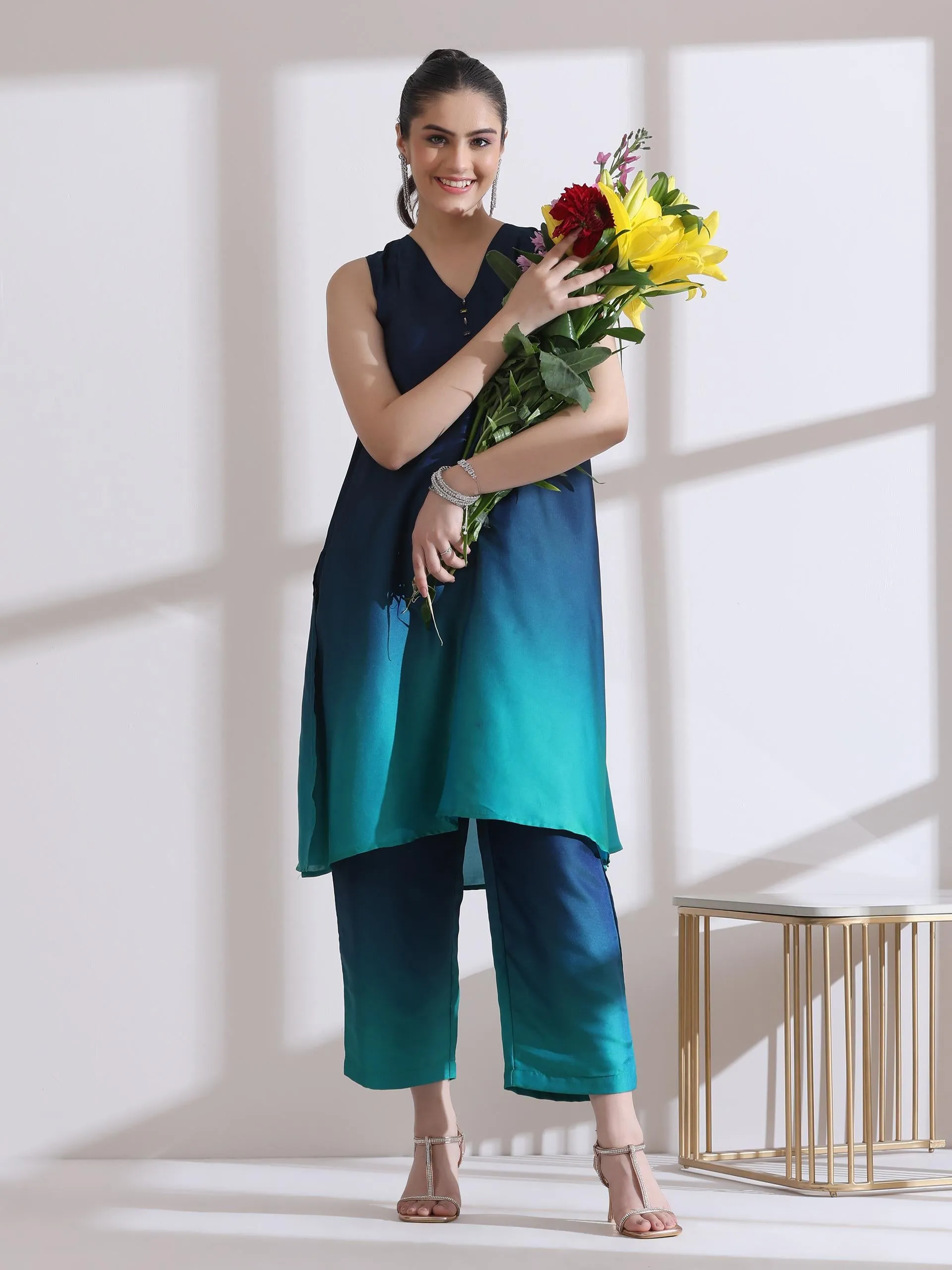 2 Pc Set - Green Blue Chiffon Satin Ombre Beaded Sleeveless Kurta With Pants