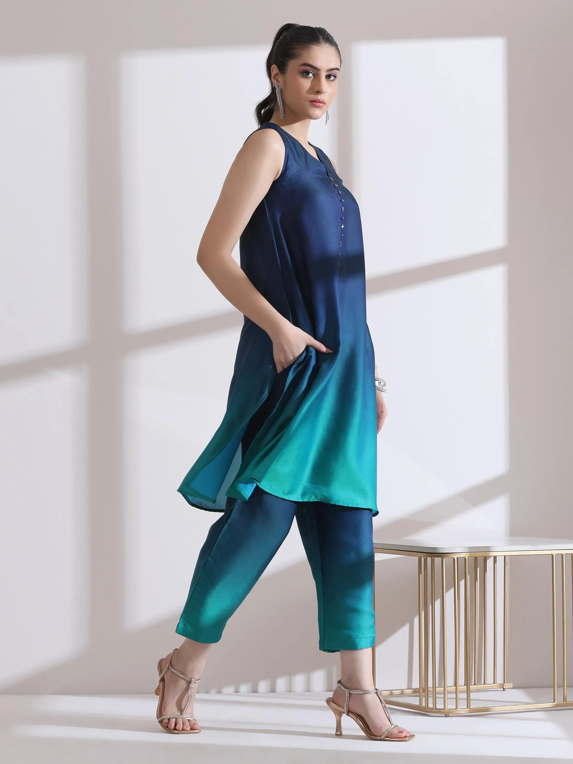 2 Pc Set - Green Blue Chiffon Satin Ombre Beaded Sleeveless Kurta With Pants