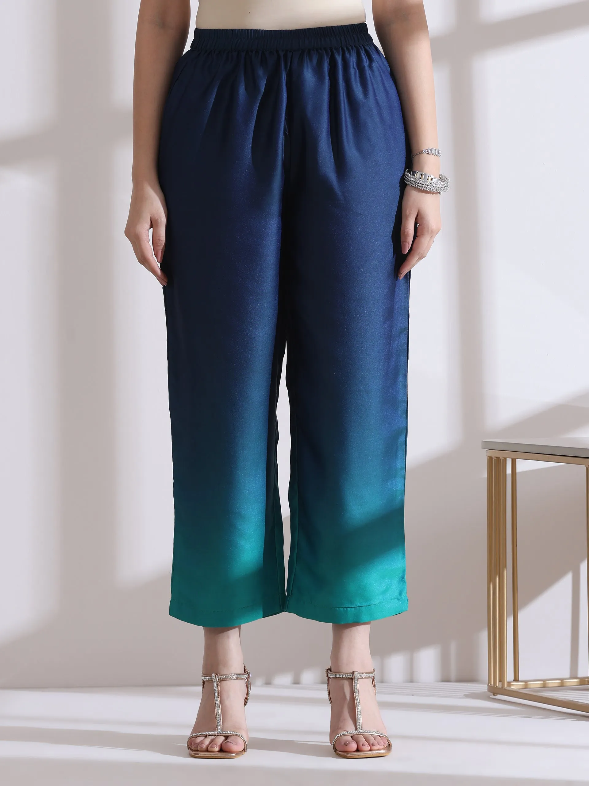 2 Pc Set - Green Blue Chiffon Satin Ombre Beaded Sleeveless Kurta With Pants