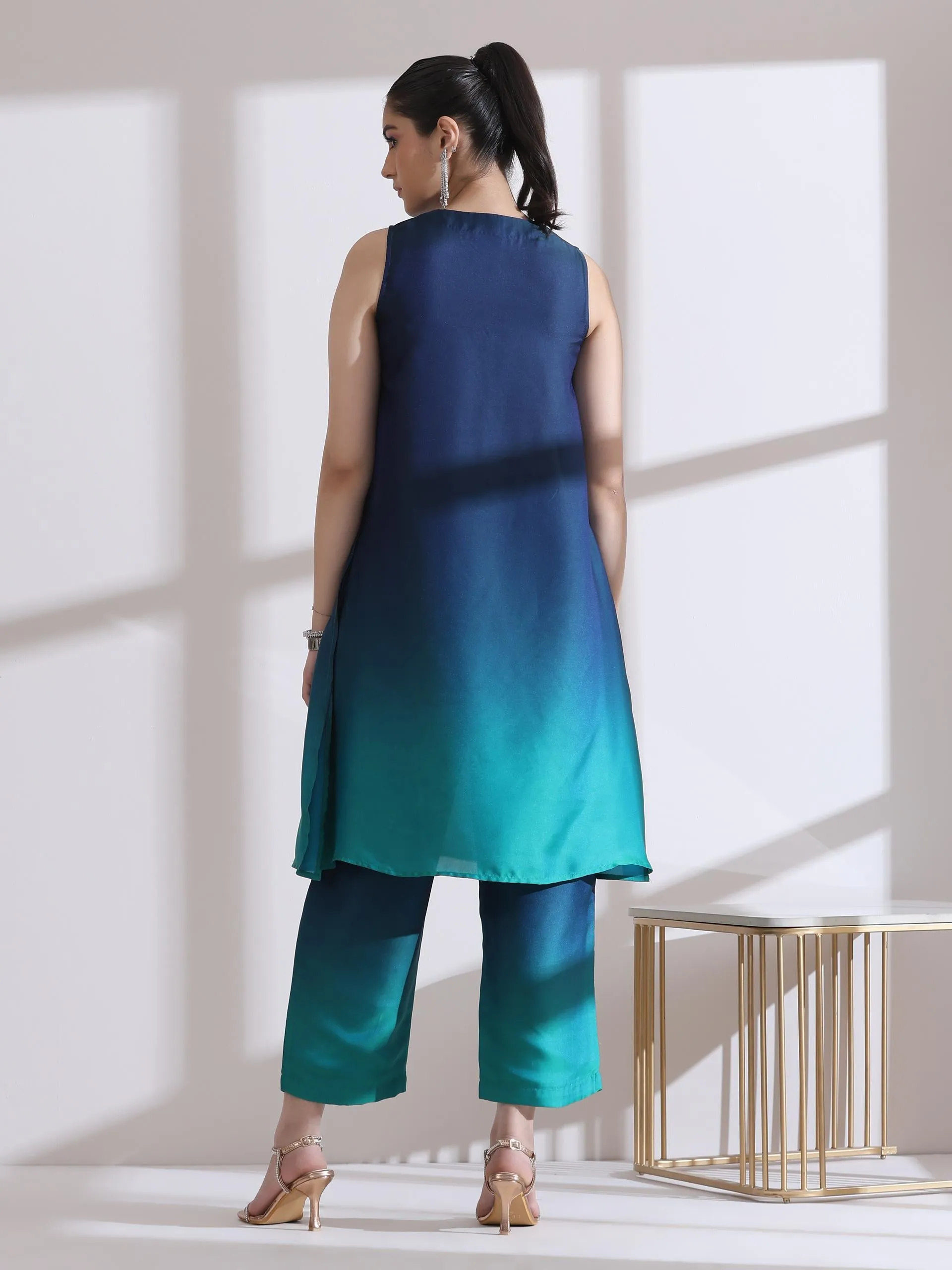 2 Pc Set - Green Blue Chiffon Satin Ombre Beaded Sleeveless Kurta With Pants