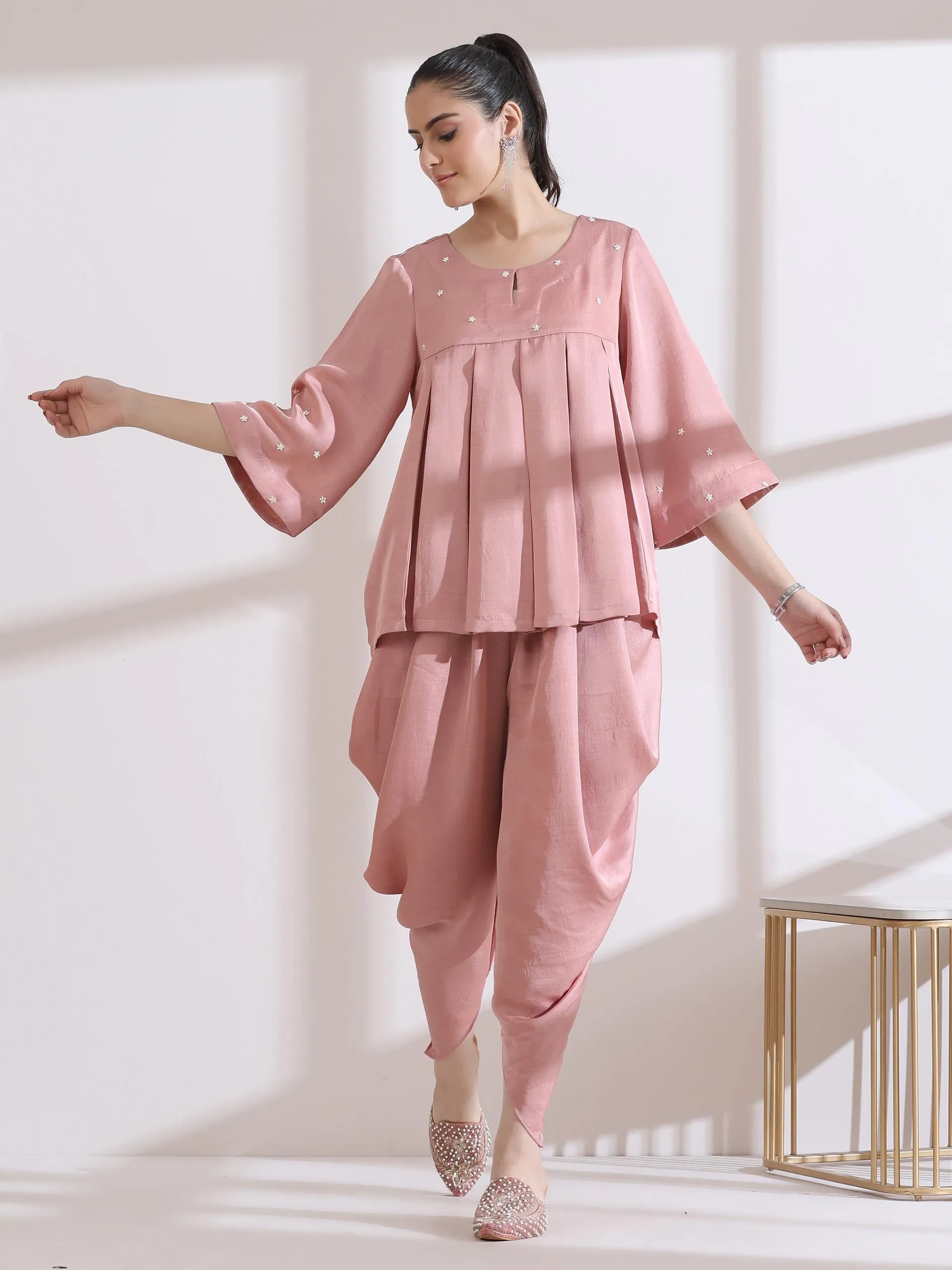 2 Pc Set - Pleated Pink Prf'T Lux Peplum Top With Beads And Dhoti Pants