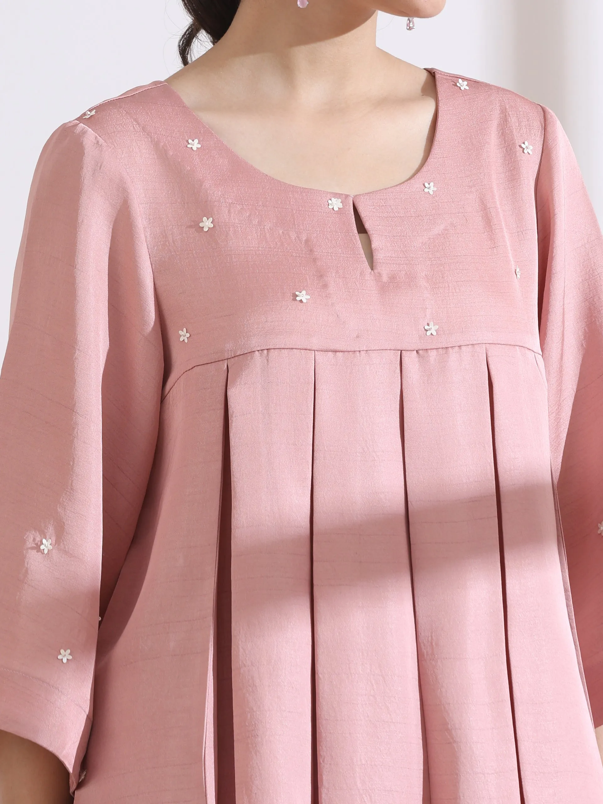 2 Pc Set - Pleated Pink Prf'T Lux Peplum Top With Beads And Dhoti Pants