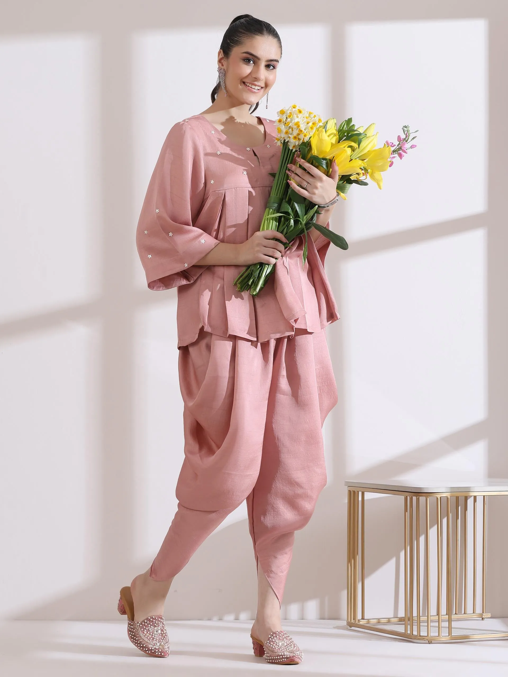 2 Pc Set - Pleated Pink Prf'T Lux Peplum Top With Beads And Dhoti Pants