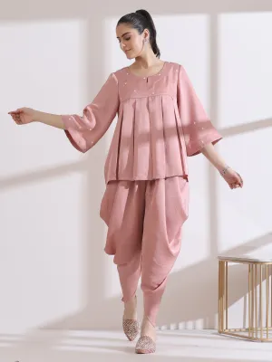 2 Pc Set - Pleated Pink Prf'T Lux Peplum Top With Beads And Dhoti Pants