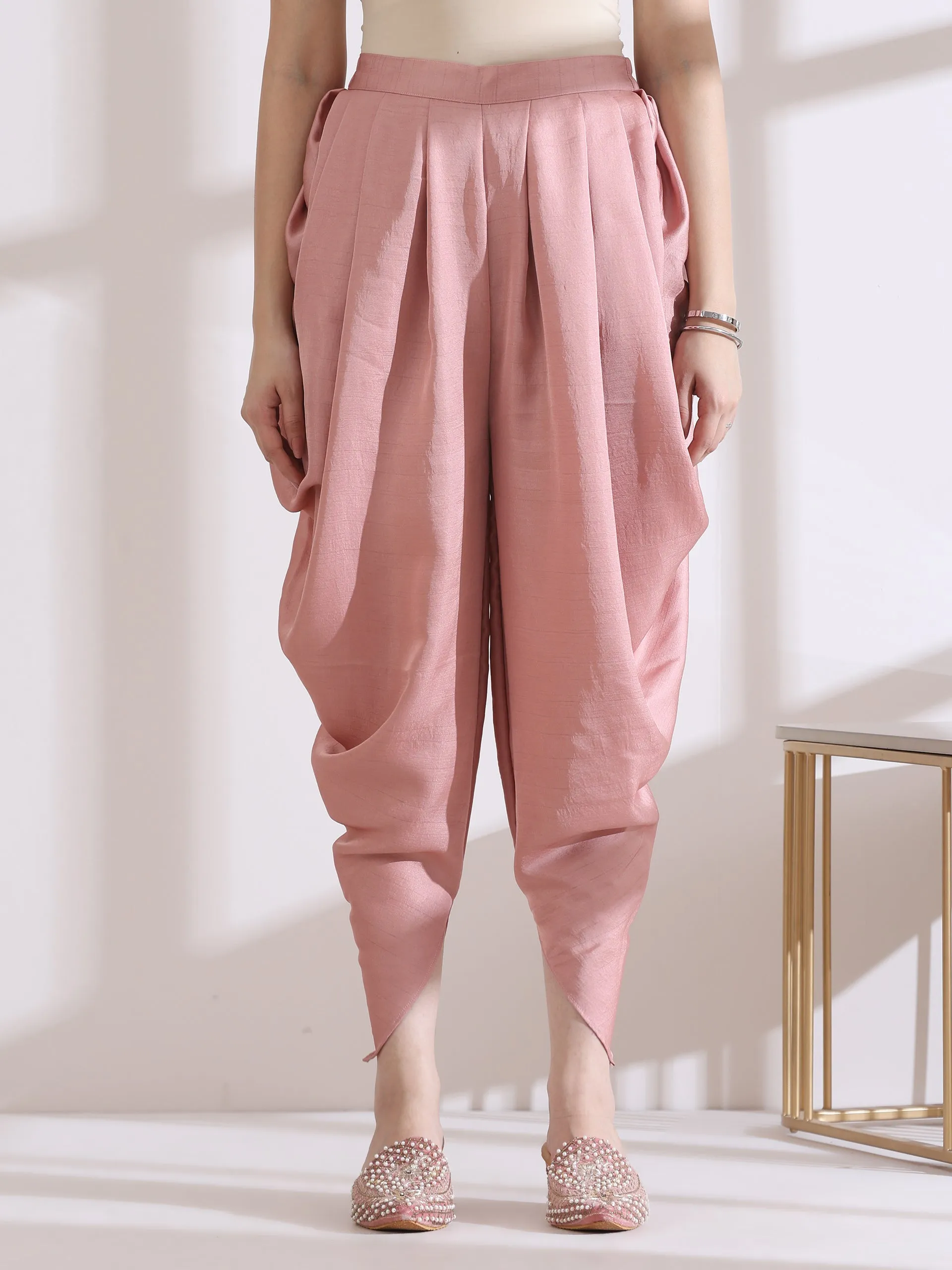 2 Pc Set - Pleated Pink Prf'T Lux Peplum Top With Beads And Dhoti Pants