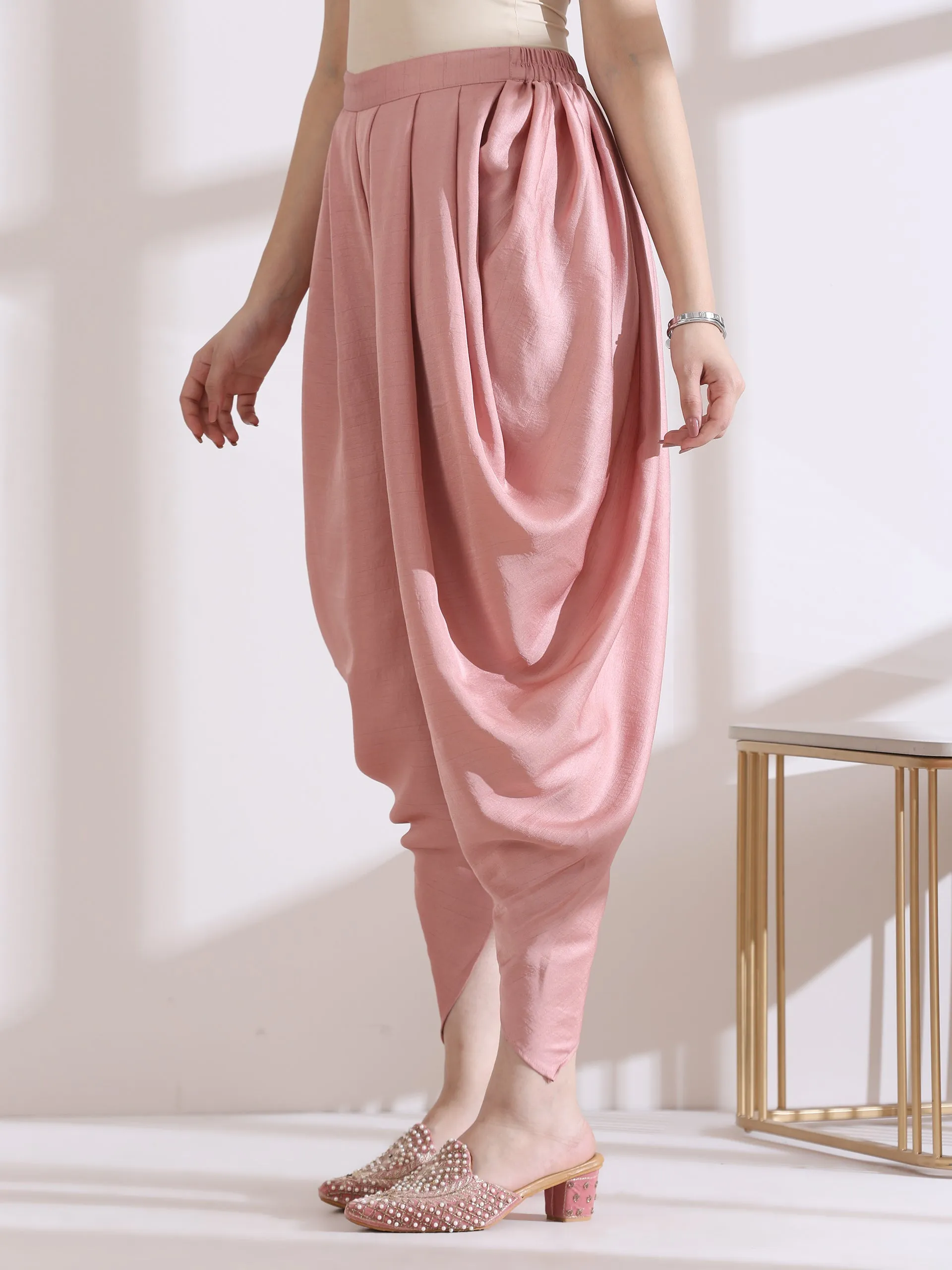 2 Pc Set - Pleated Pink Prf'T Lux Peplum Top With Beads And Dhoti Pants