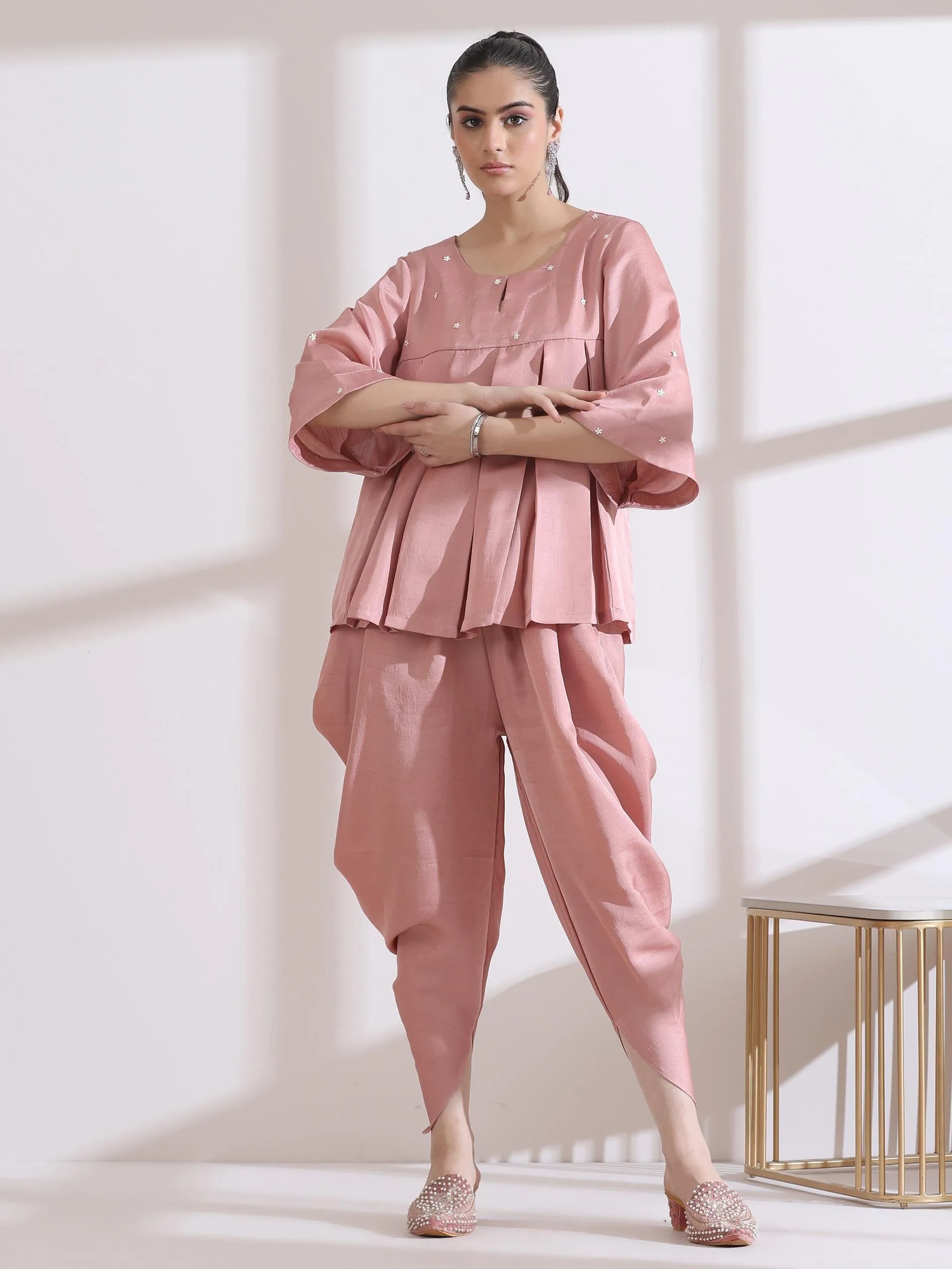 2 Pc Set - Pleated Pink Prf'T Lux Peplum Top With Beads And Dhoti Pants