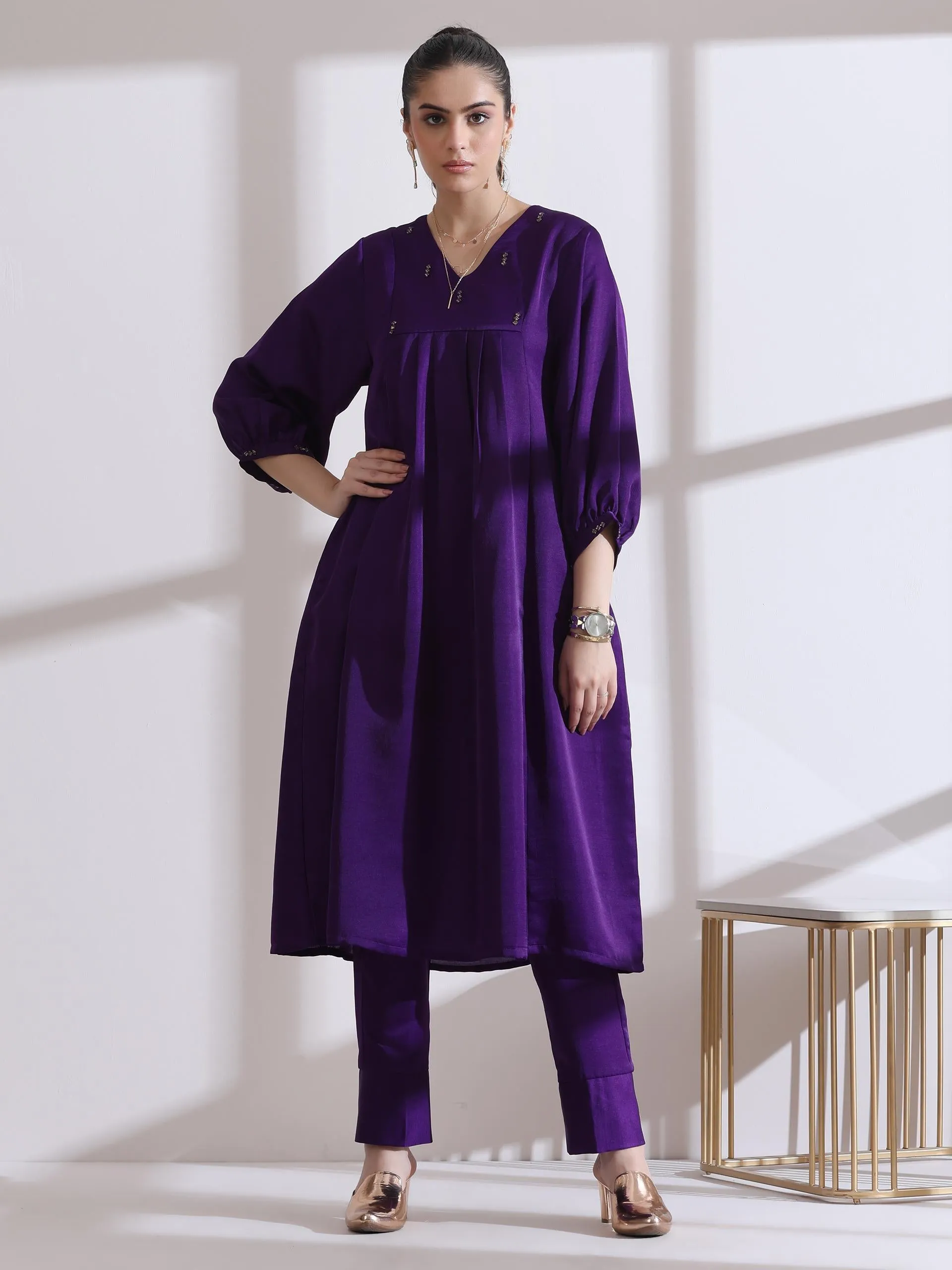 2 Pc Set - Prf'T Lux Purple Beaded Kurta With Pants