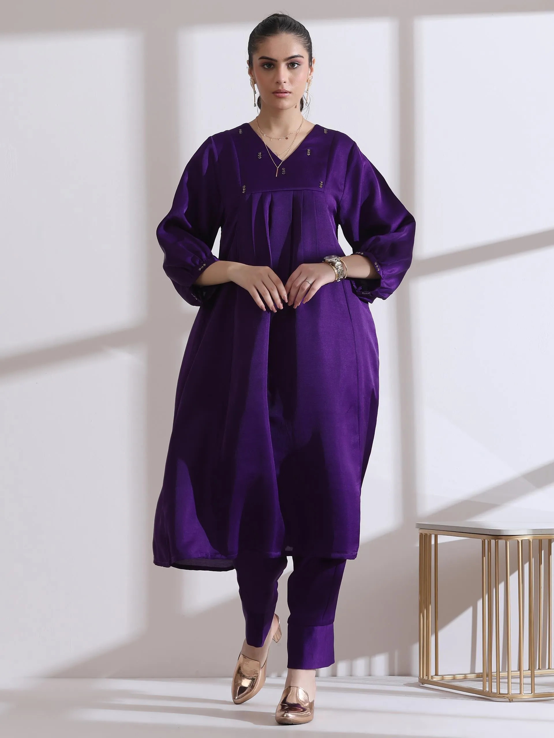 2 Pc Set - Prf'T Lux Purple Beaded Kurta With Pants
