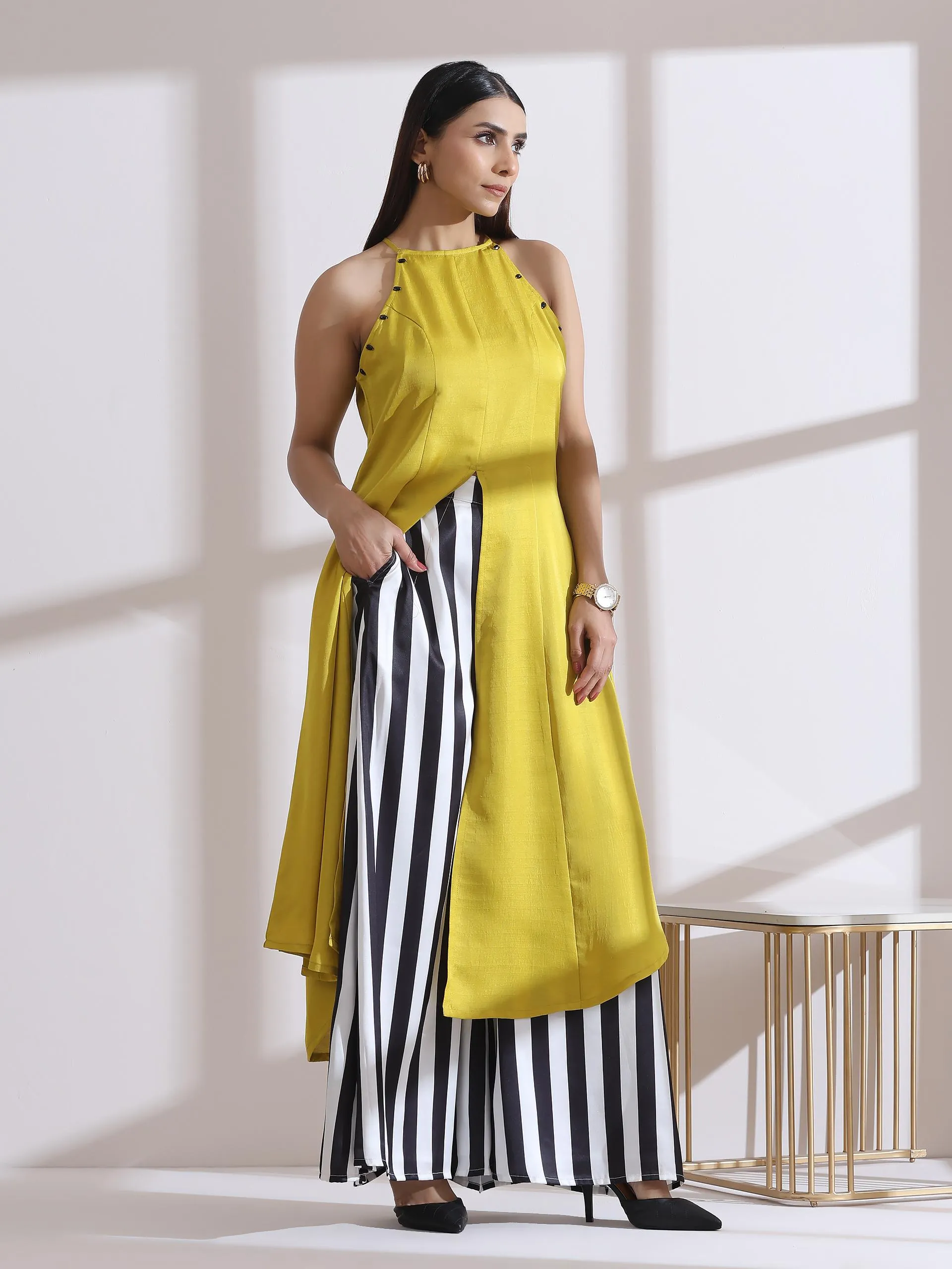 2 Pc Set - Prf'T Lux Yellow Beaded Halter Kurta With Printed Satin Palazzo Pants