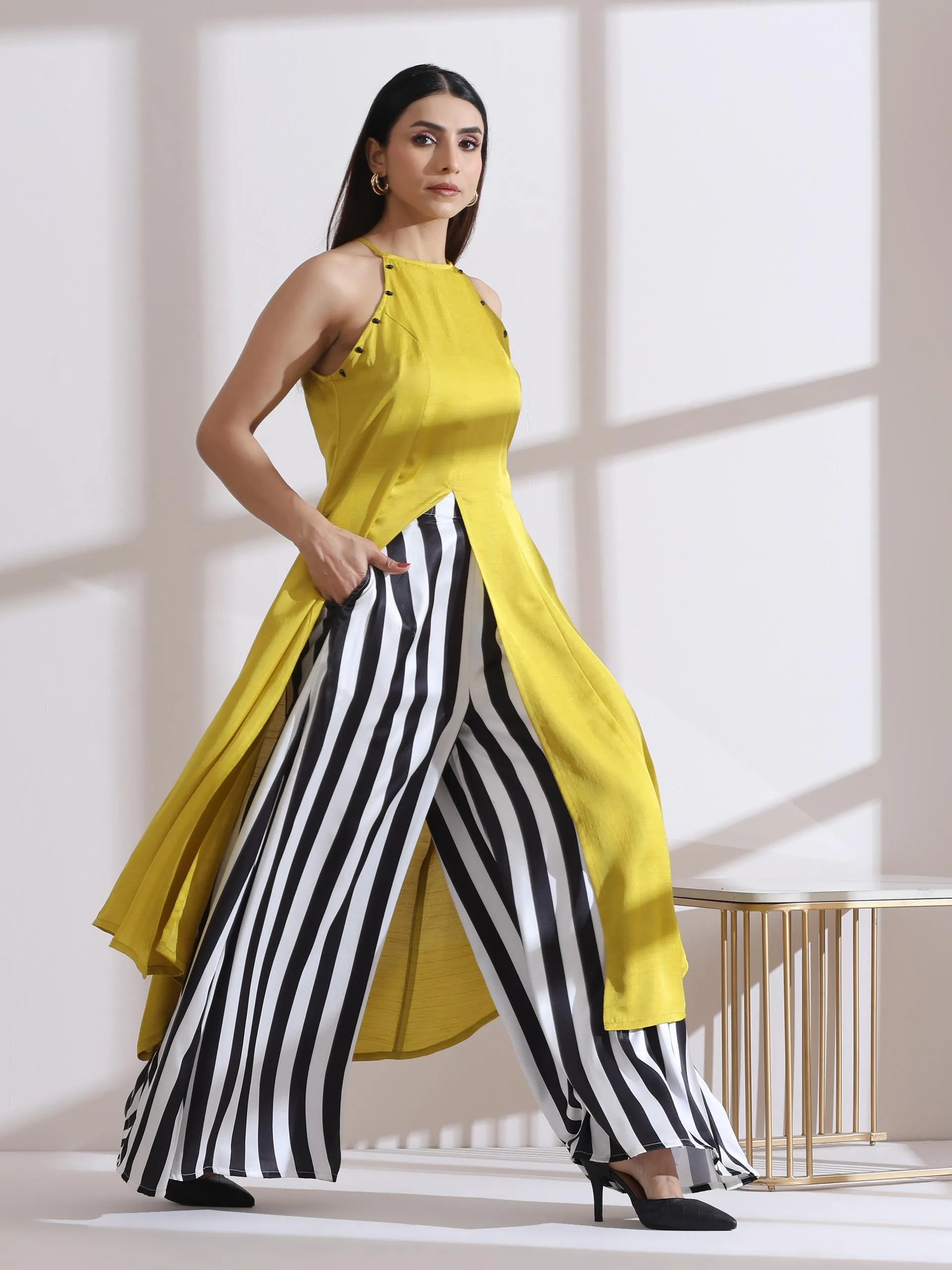 2 Pc Set - Prf'T Lux Yellow Beaded Halter Kurta With Printed Satin Palazzo Pants