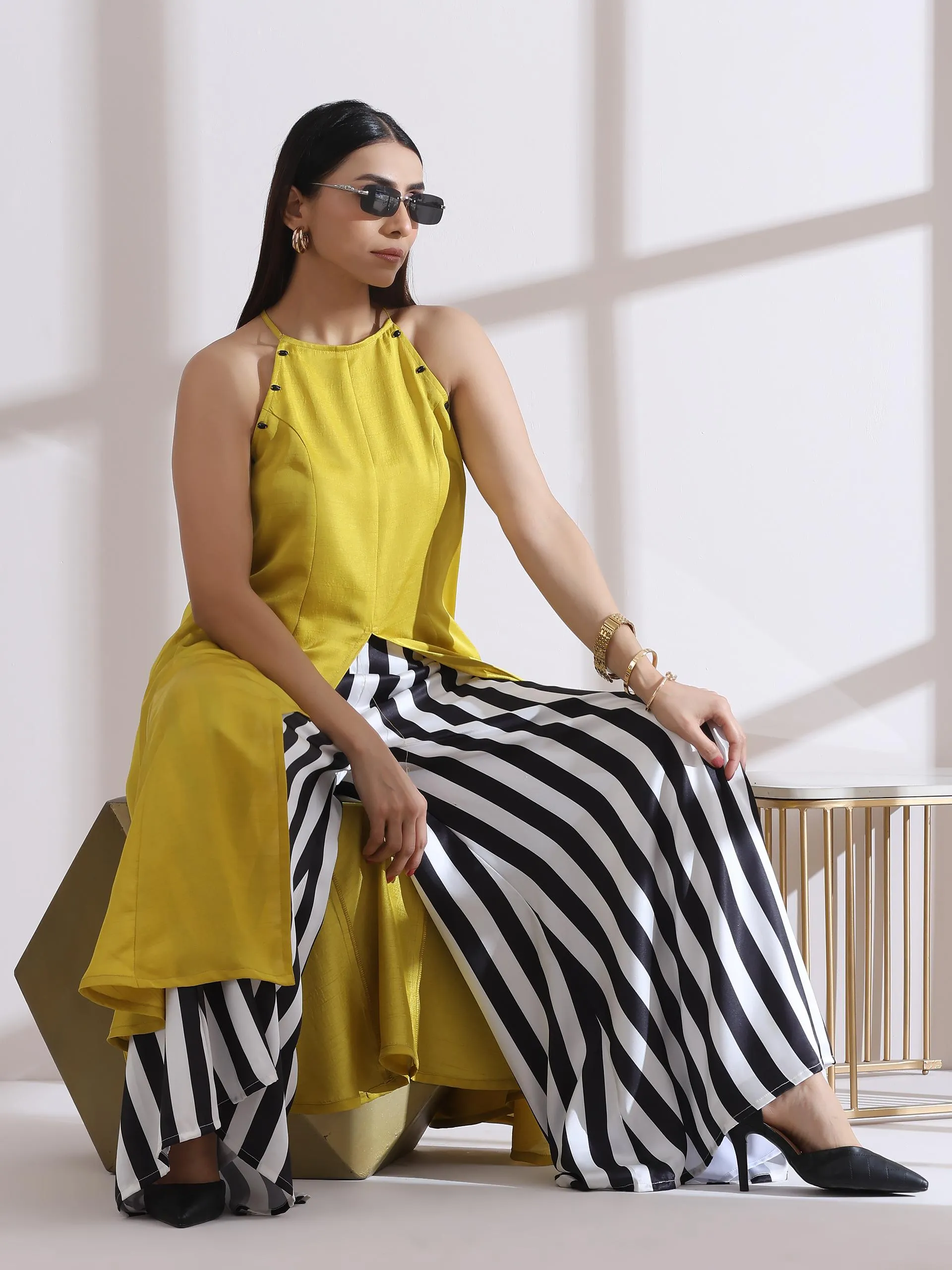 2 Pc Set - Prf'T Lux Yellow Beaded Halter Kurta With Printed Satin Palazzo Pants