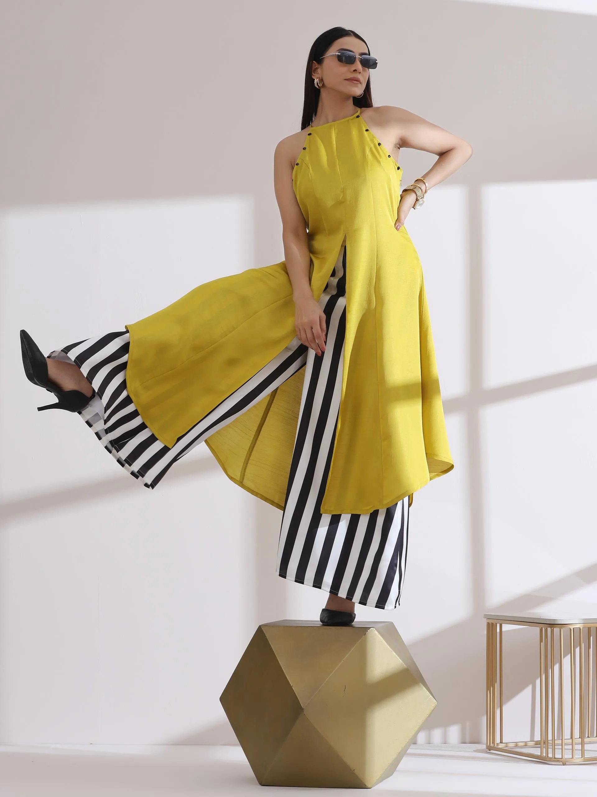 2 Pc Set - Prf'T Lux Yellow Beaded Halter Kurta With Printed Satin Palazzo Pants