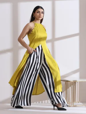 2 Pc Set - Prf'T Lux Yellow Beaded Halter Kurta With Printed Satin Palazzo Pants