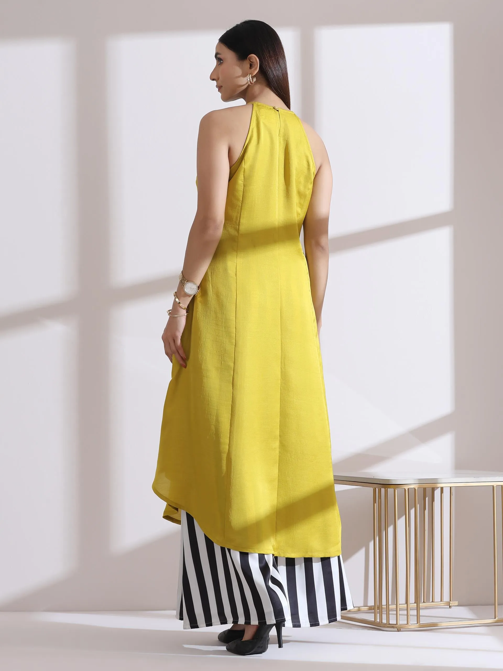 2 Pc Set - Prf'T Lux Yellow Beaded Halter Kurta With Printed Satin Palazzo Pants