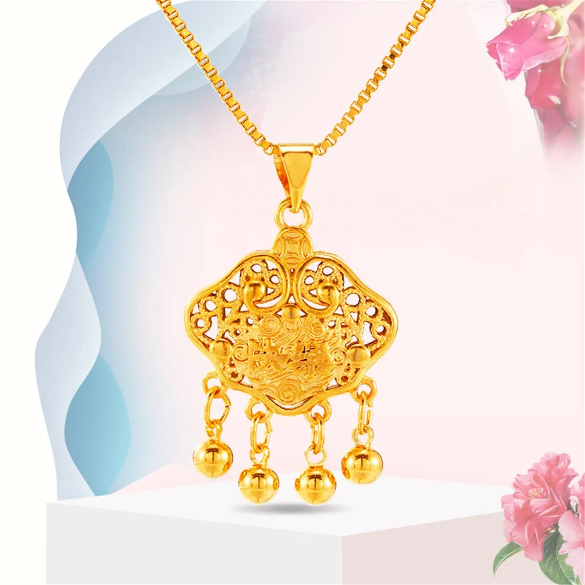 24K Gold-Plated Open Longevity Locket Pendant Necklace