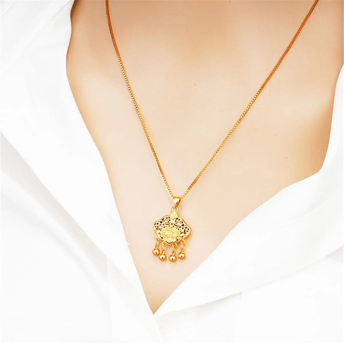 24K Gold-Plated Open Longevity Locket Pendant Necklace