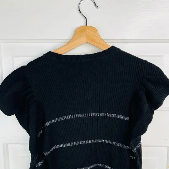 7 For All Mankind Women's S Black Silver Striped Knit Blouse Ruffle Sleeve