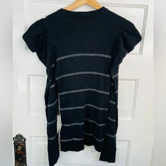7 For All Mankind Women's S Black Silver Striped Knit Blouse Ruffle Sleeve