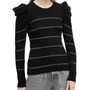 7 For All Mankind Women's S Black Silver Striped Knit Blouse Ruffle Sleeve