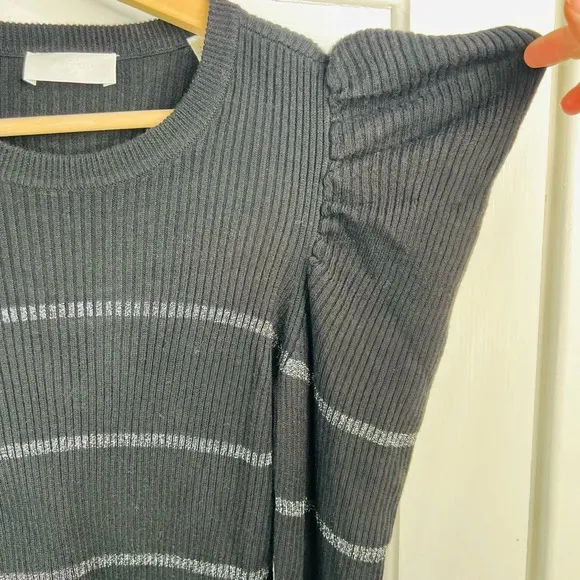 7 For All Mankind Women's S Black Silver Striped Knit Blouse Ruffle Sleeve