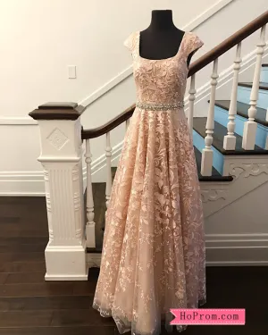 A Line Applique Prom Dress Tank Straps Beaded Waist Band
